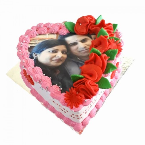 Pink Heart Flower Photo Cake Delivery in Delhi