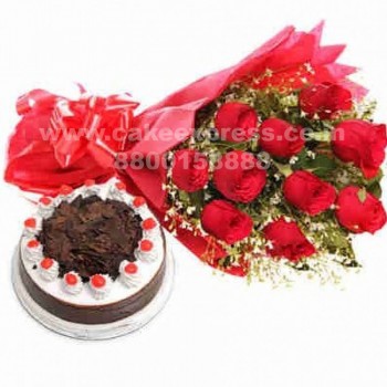 Black Forest Cake & Red Roses Bouquet