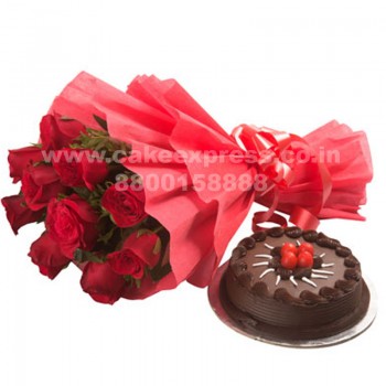 Chocolate Cake & Red Roses Bouquet