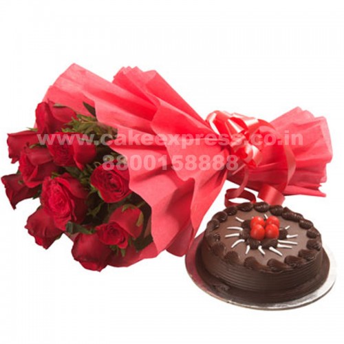 Chocolate Cake & Red Roses Bouquet Delivery in Delhi