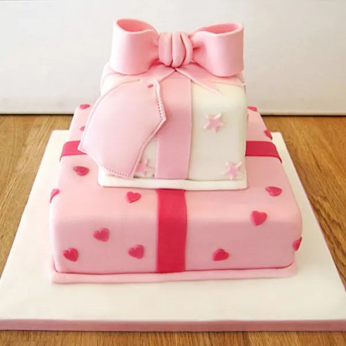 2 Tier Pink Gift Box Cake Delivery in Delhi NCR