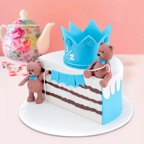 Teddy Bear Blue Half Year Birthday Fondant Cake Delivery in Delhi NCR