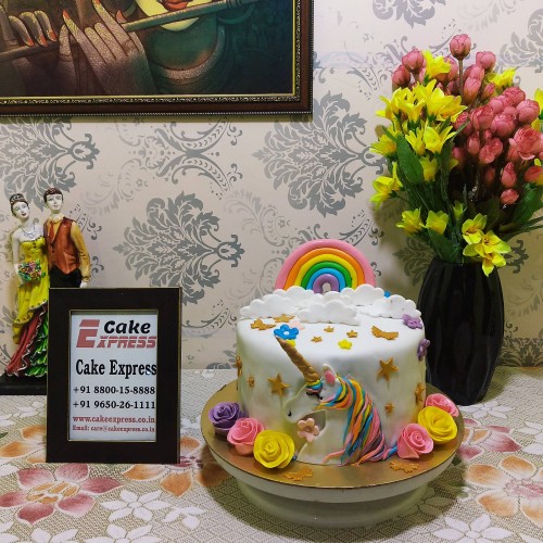 Unicorn Rainbow Theme Fondant Cake Delivery in Delhi NCR