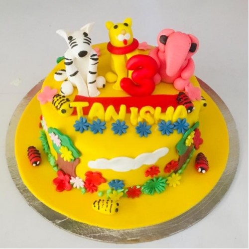 Animal Theme Yellow Fondant Cake Delivery in Delhi