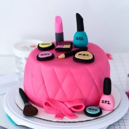Pink Makeup Theme Fondant Cake Delivery in Delhi