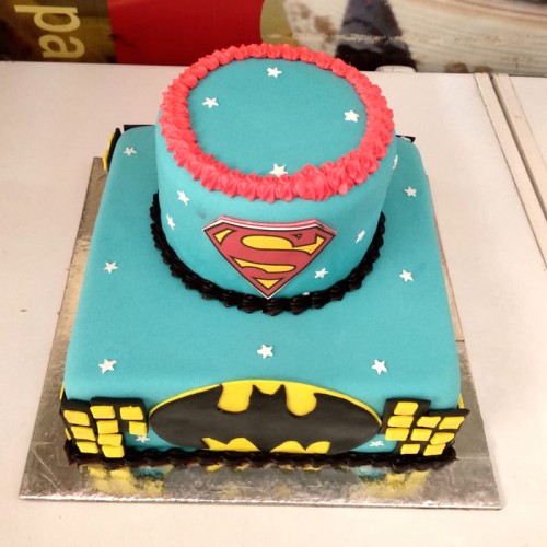 Batman and Superman Theme 2 Tier Cake Delivery in Delhi