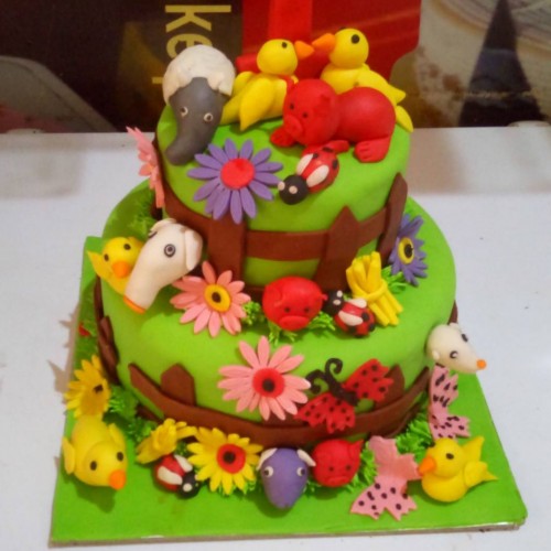 2 Tier Flower Garden and Animal Cake Delivery in Delhi NCR