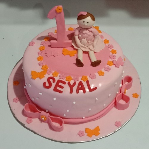Girl 1st Birthday Pink Fondant Cake Delivery in Delhi NCR