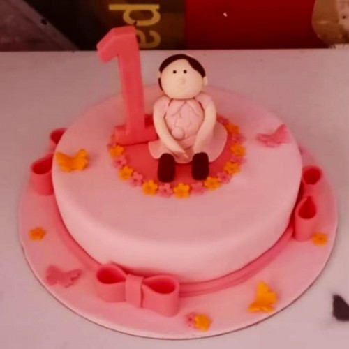Little Girl 1st Birthday Pink Fondant Cake Delivery in Delhi